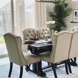 6PC Linen Tufted Upholstered Wingback Side Chair in Beige (Set of 2)