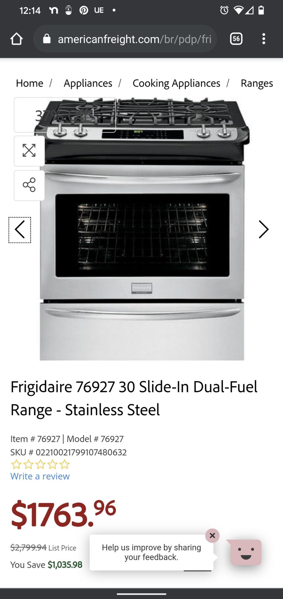 Frigidaire Professional Grade Convection Oven Gas/Electric