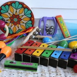 Kids Music Instruments Set #1 - Bells, Shakers, Ribbon Wands, Maracas, Drum, Harmonicas, Tambourine, High Quality Xylophone/ Bell, Etc.  