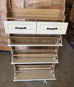 Shoe Cabinet with Drawers and Flip-Down Shelves