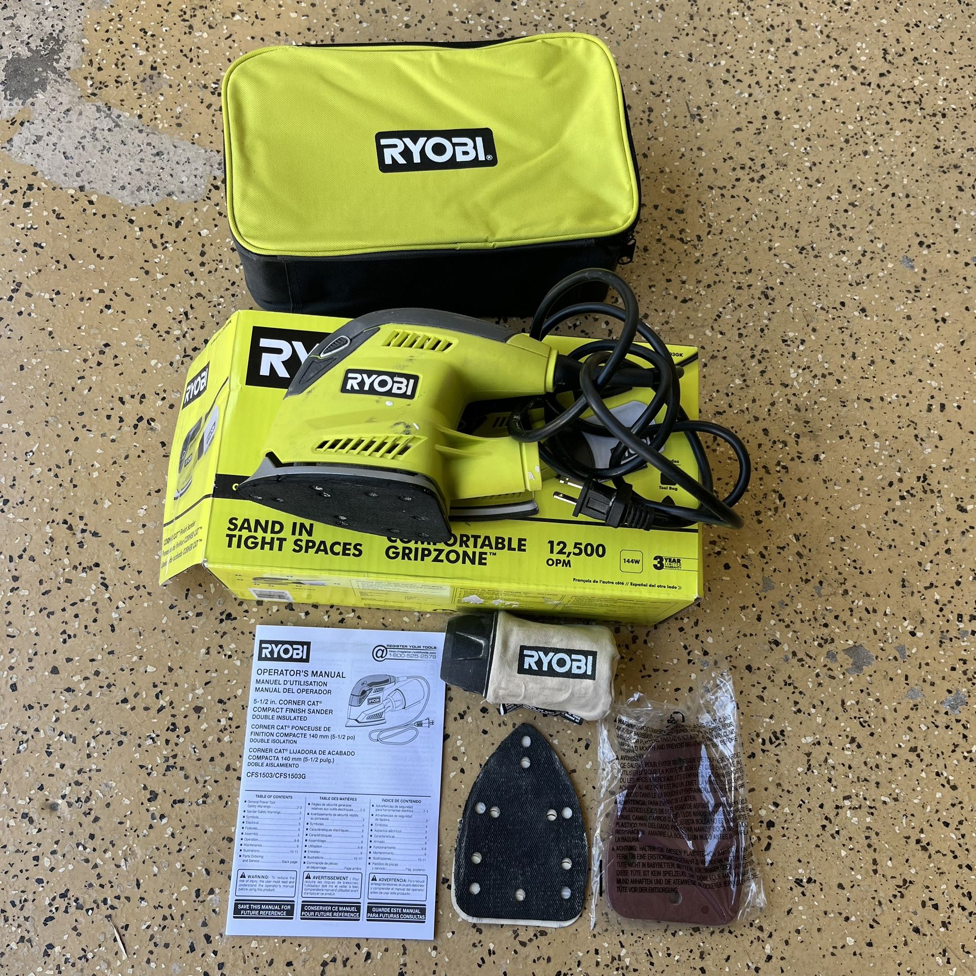 RYOBI 1.2 Amp Corded 5.5 in. Corner Cat Sander with Dust Bag, Sample Sandpaper, and Storage Case