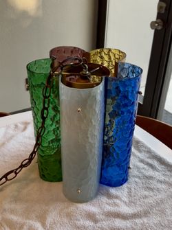 Vintage MCM Blenko Stained Glass Hanging Light Fixture Pendant Chandelier