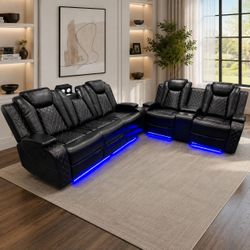 Black Leather Recliner Sofa And Loveseat  with LED Lights