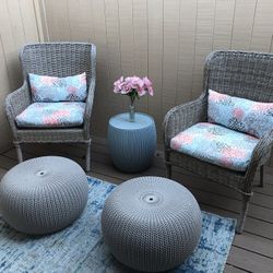 Outdoor Patio Set Wicker Chairs, Footstools, Table And Rug