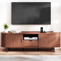 New69" Mid-Century TV Stand with Power Outlet, Fluted Entertainment Center with Storage Drawer, TV Console with Sliding Door and Adjustable Shelves