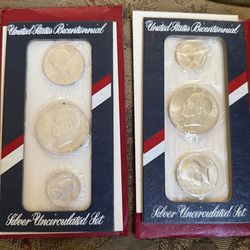 LOT OF 2 SETS OF 1(contact info removed) BICENTENNIAL SILVER UNCIRCULATED SET 40% SILVER 3 COINS
