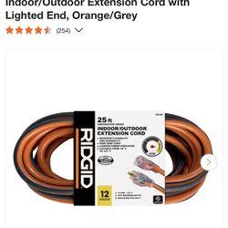 RIDGID 25 ft. 12/3 Heavy Duty Indoor/Outdoor Extension Cord with Lighted End, Orange/Grey