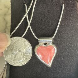925 Sterling Silver W/ Peach Coral Heart Necklace, Marked ATI 🇲🇽 Mexico 925, 16.25 In. 925 Snake Chain. Lobster Closure 