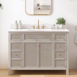 allen + roth Sandbanks 48-in Flaxen Greige Undermount Single Sink Bathroom Vanity with White
