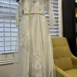First Communion Dress Long Sleeves White Embroidery Sheer Princess Formal Dress