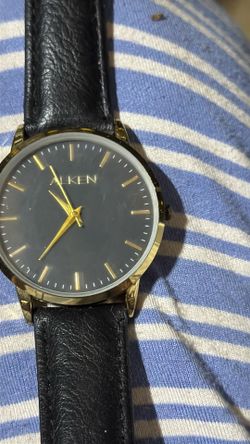 NEW***ALKEN Men’s Watch – Black Leather Band – Gold Tone – With Box