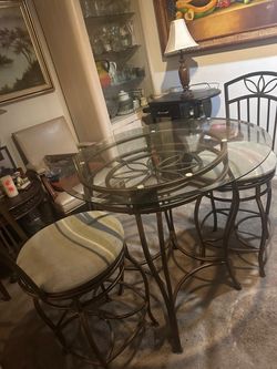 Round Glass-Top Dining Table with 2 Chairs – Metal Frame
