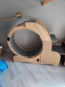 ​All-in-One Wooden Cat Exercise Wheel & Activity Center (Wheel, Perches, Condo, Sisal Scratcher & Food Station)