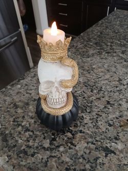 Skull Candle Holder with Crown and Snake