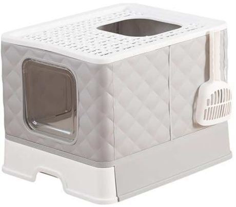 Foldable Cat Litter Box, Extra Large Front Entry Top Exit Box with Lid, Drawer Type Enclosed Kitty Scoop, Anti-Splashing Toilet Easy Cleaning,Grey New