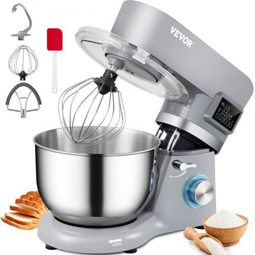 VEVOR Stand Mixer, 660W Electric Dough Mixer with 6 Speeds LCD Screen Timing, Tilt-Head Food Mixer with 5.8 Qt Stainless Steel Bowl, Dough Hook, Flat