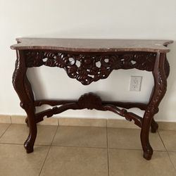 Console Table , with Marble top , cherry red wood finish 