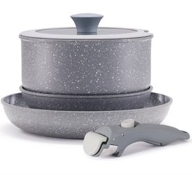 5 pcs Gray Non Stick Pot and Pan Set with Removable Handle, Ceramic Cookware Set Detachable Handle, 5pcs Induction Kitchen Camping Stackable Pots Pans