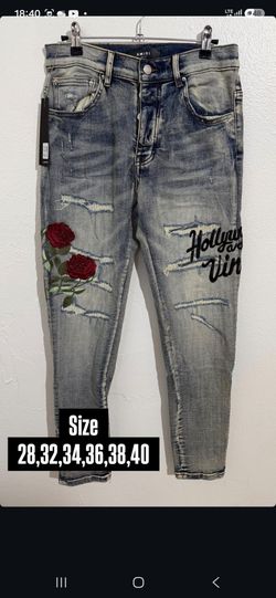 AMIRI LIGHT BLUE DISTRESSED ROSE HOLLYWOOD VICE DENIM JEANS NEW COLLECTION