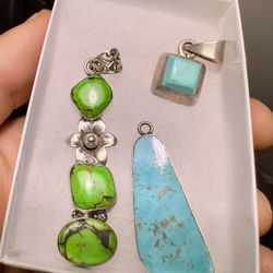 Awesome 🤩 !! Blue + Green Turquoise Pendants Set In Solid 925 Sterling Silver !