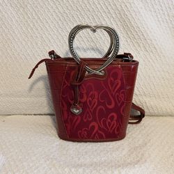 Handbag Purse Red Velvet Leather Metal Silver Heart Handles 10" H x 8" W