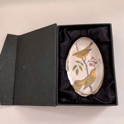 Kanemasu Oval Heavy Glass Paperweight Birds on a Branch in Presentation Box