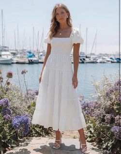 New ZESICA Women's 2026 White Summer Puff Sleeve Midi Dress 2026 Boho Solid High Waist Flowy Beach SMALL