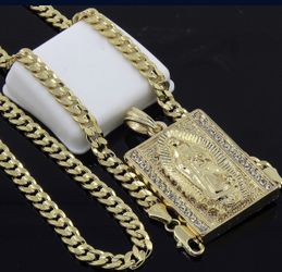 New Mens 14K Gold Plated Hip-hop Block Virgin Mary Pendant 24" Cuban Chain