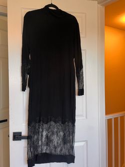 Black Long Sleeve Midi Dress with Lace Hem