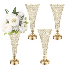 Mifoci 4 Pcs Gold Trumpet Vases for Centerpieces 16 Inch Crystal Flower Vase for Table Decor Wedding Party Favors Tall Floral Arrangement Stand Home D
