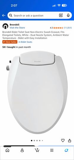 Brondell Bidet Toilet Seat Non-Electric Swash Ecoseat, Fits Elongated Toilets, White - Dual Nozzle System, Ambient Water Temperature - Bidet with Easy