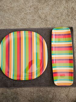 2 Platter set of 14" roundish and 16x6 rectangle, melamine, like new FUN $5.00