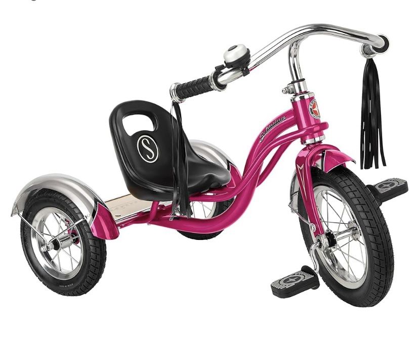 Schwinn Roadster Bike for Toddler, Kids Classic Tricycle, Low Positioned Steel Trike Frame with Bell and Handlebar Tassels, Rear Deck Made of Genuine
