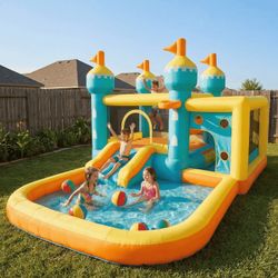 Inflatable Bounce House with 5-in-1 Play Zones for Backyard, Inflatable Castle with Slide Pool, FCC, CPC Certified, Blue/Yellow