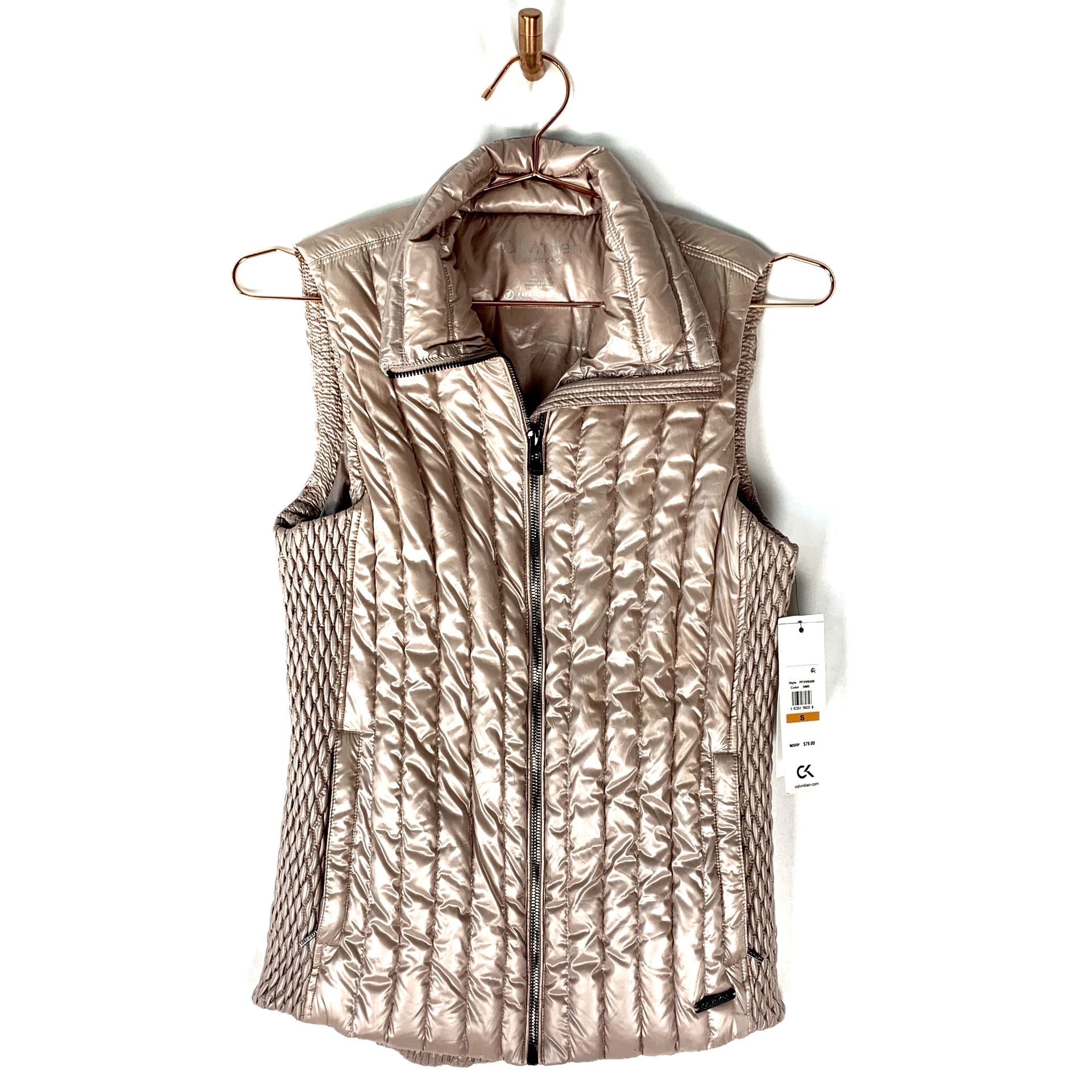 RARE Calvin Klein Performance 2-Pocket Full-Zip Sleeveless Down Puffer Vest in Rose Gold with Gunmetal Zippers & Logo Hardware, NWT, Size Small
