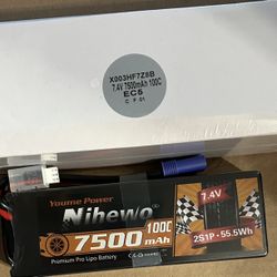 2Packs 2S Lipo Battery Pack, 7.4V 7500mAh RC Battery 100C Hard Case Lipos EC5 Connector Compatible with Arrma Axial 1/8 1/10 RC Car Truck Truggy Vehic