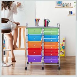 15 Drawers Rolling Storage Cart Multipurpose Mobile Rolling Utility Storage Organizer Cart Tools Scrapbook Paper Organizer on Wheels, Multicolor
