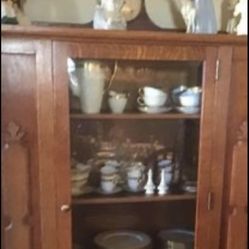 Antique Oak Breakfront Beveled Glass Storage At Bottom 