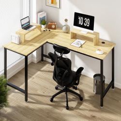 L Shaped Computer Desk - 58" Gaming Desk, Reversible Corner Desk, Home Office Writing Desk with Monitor Stand Shelf, Space-Saving Modern Simple Wooden