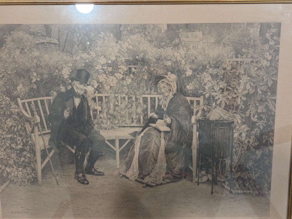 Antique Frame With Sepia Print  Etching Lithograph Wedding Bells