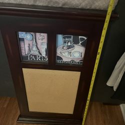 Used Vintage Dark Wood French-Style Bulletin Cork Board / with Paris & Restaurant Artwork