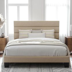 Full / Queen / King Size Platform Bed Frame with Fabric Upholstered Headboard and Wooden Slats Support, Fully Upholstered Mattress Foundation/No Box S