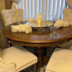  Round Wooden Table Top with Pedestal Base, 42x42 Inch. Walnut  And 4 Velvet  Chair 
