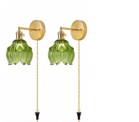 Plug in Wall Sconces Set of 2, Vintage Wall Sconce Light with Tflower Green Glass Lampshade, Bedroom Wall Sconce with Switch and Plug in wall lamp Cor