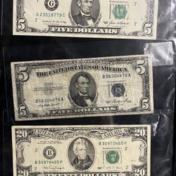 Billete De 5 Azul Y Uno Verde De Colección Y Uno De 20 