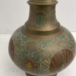 Vintage Hammered and Enameled Brass Turkish Lamp Handpaint Antique 35? RARE