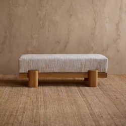 Beige Linen Upholstered Entry Bench, Solid Wood Padded Shoe Ottoman for Foyer & Bedroom