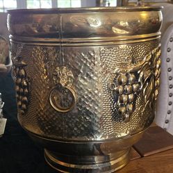 Antique Large Brass Planter lion handle & grapes