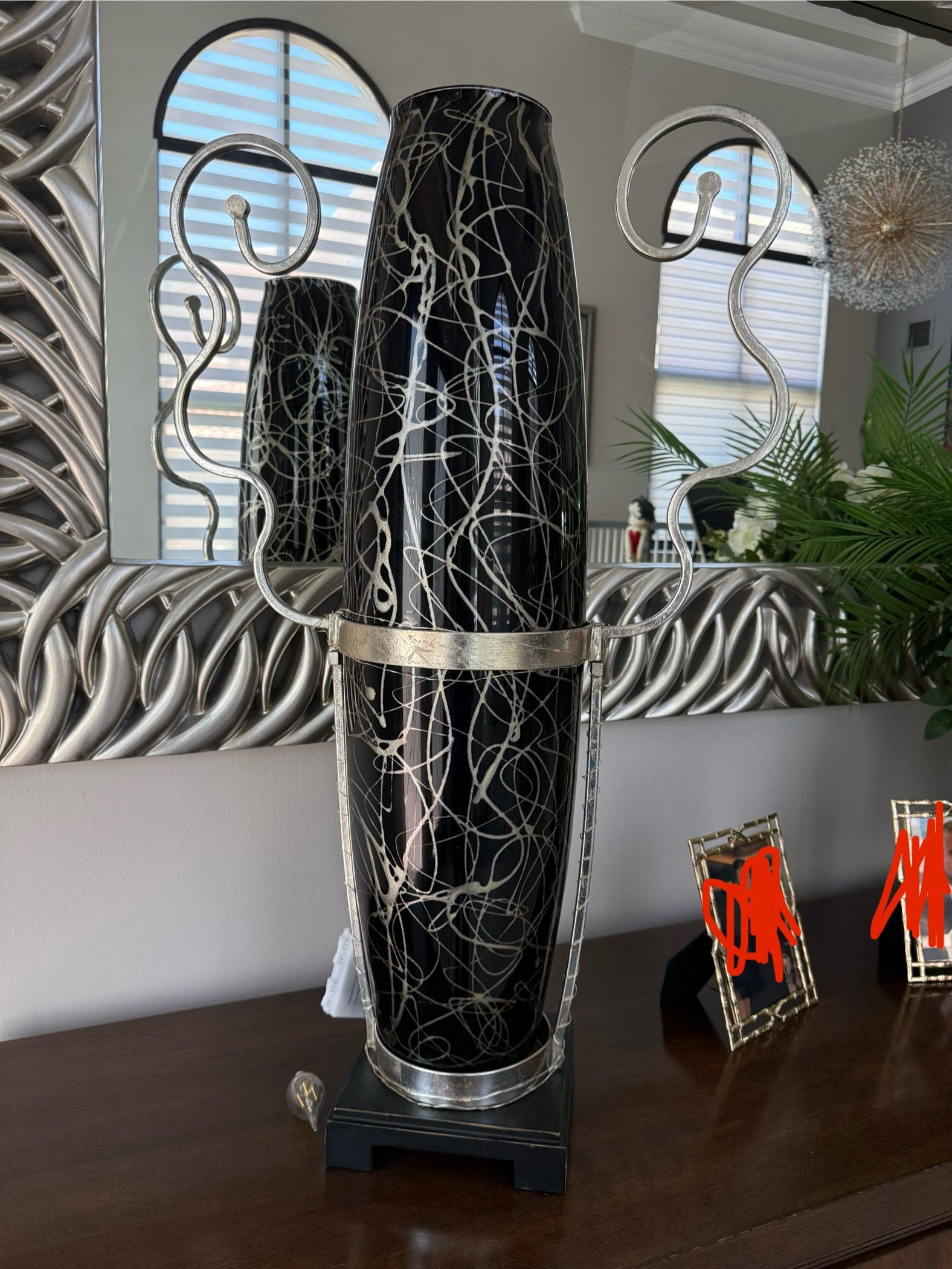 Tall 34” Modern Black And Silver Decorative Base With Metal Stand