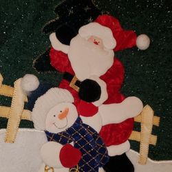 Santa Snowman Christmas Tree Skirt Green Sparkly Prima Creations 43" Primitive 
